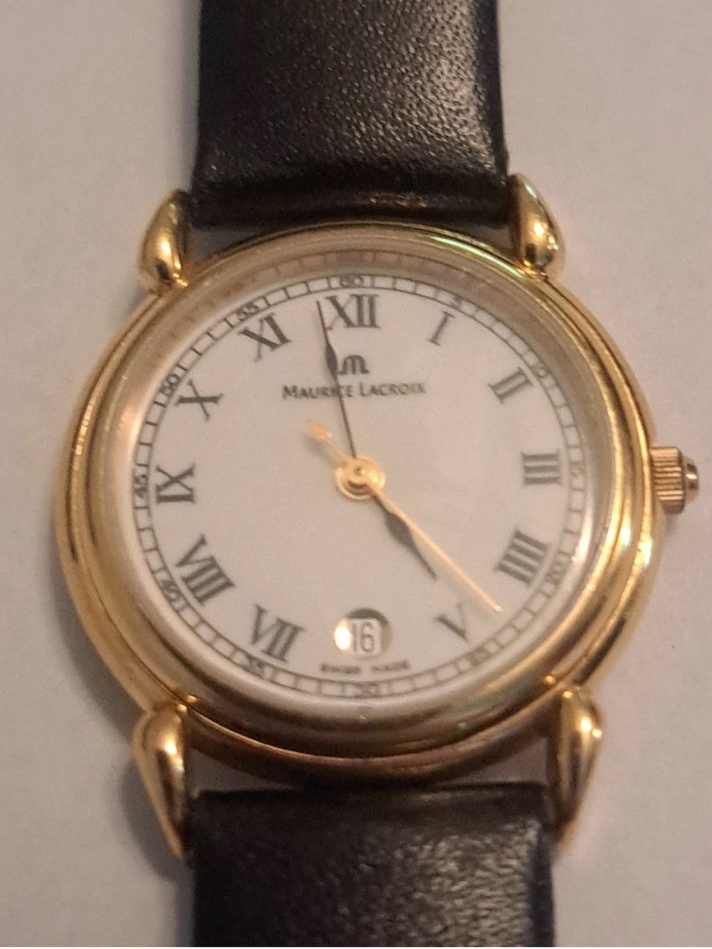 Maurice Lacroix Gold Tone Case White Dial Black Leather Strap Classic Watch